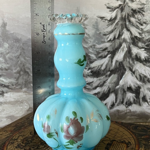 Vintage Blue Hand-Painted Glass Bottle Vase Floral Ruffled Rim No Stopper - Picture 4 of 10